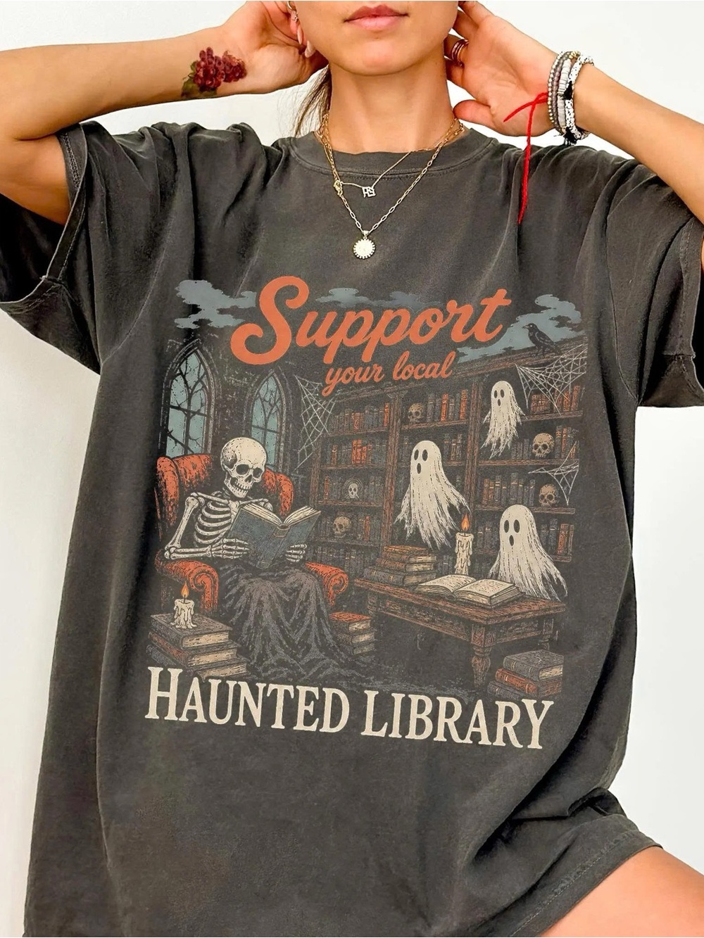 Haunted Library Graphic Tee - Black with Orange Accent - Support Your Local